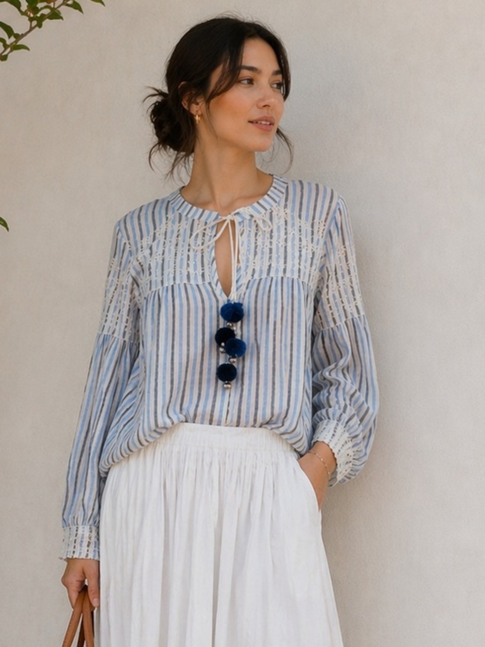 LoveShackFancy Striped Eyelet Blouse Boho Top Blue White Tassel Size M